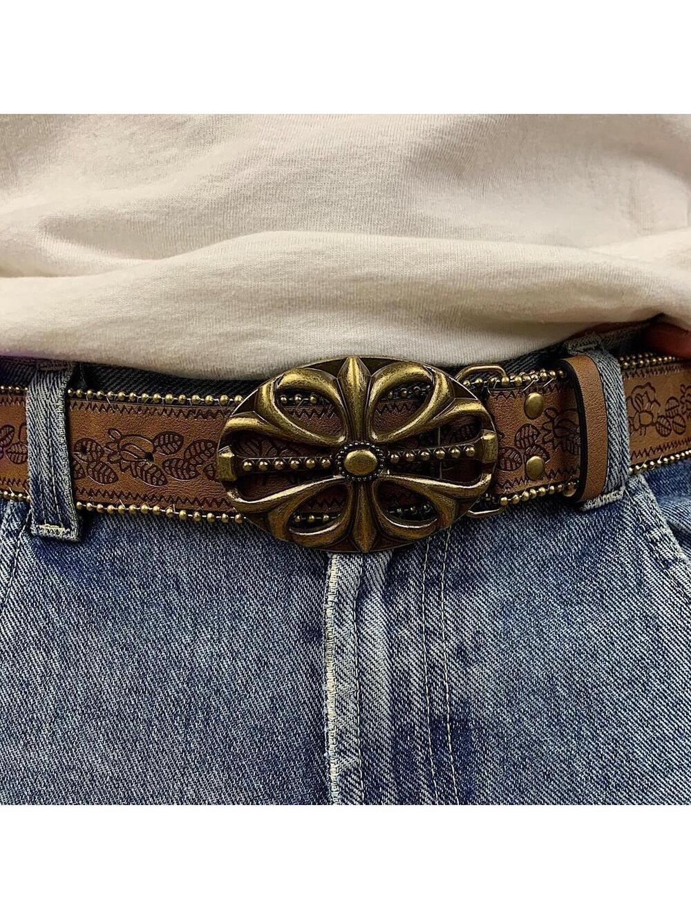 Western floral gold beaded boho brown belt. 38.5 inches length. 1.5 inch width. - Picture 6 of 8